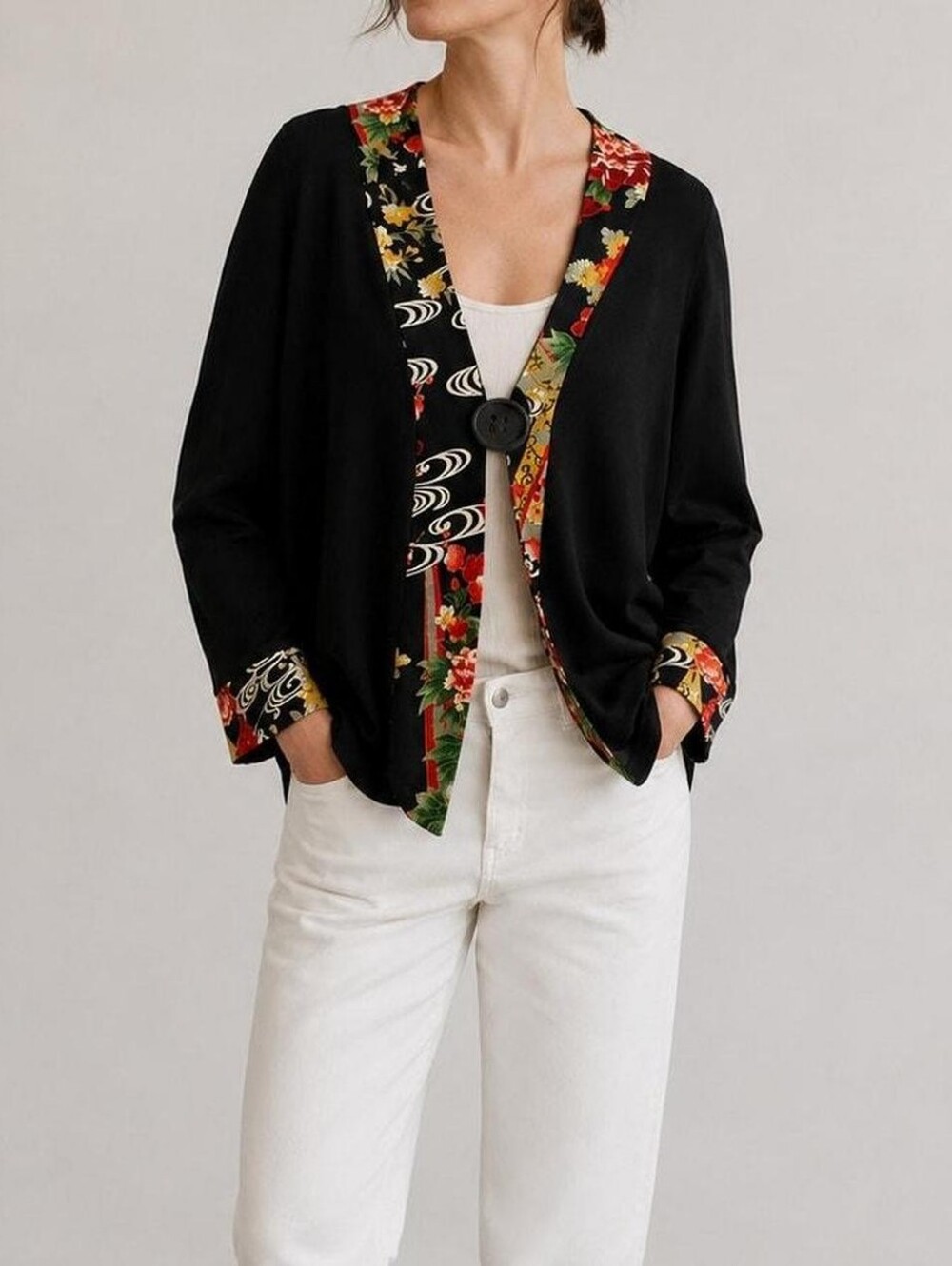Soft Surroundings Women's Kimono Cardigan Size L Statement Asian Floral Artsy